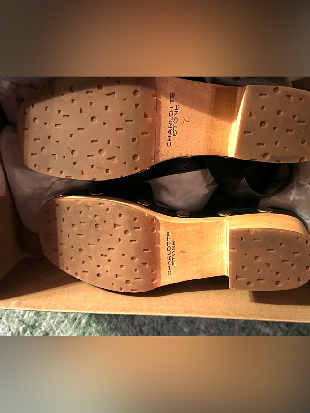 CHARLOTTE STONE “Allie” Clog Sandals. Soft, Black Leather, Brushed Gold Studs. - Picture 6 of 10